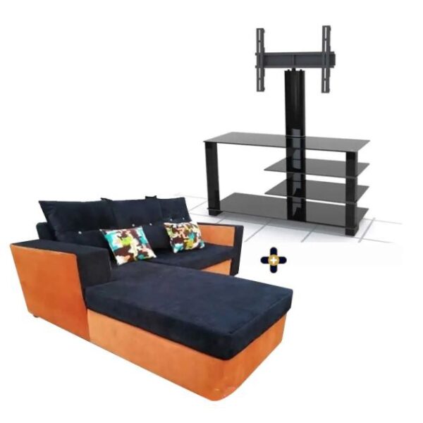 Pack Meuble d'intérieur ( Canapé d'angle moderne en velours norvégien - 3 Places + Meuble TV en verre avec support )