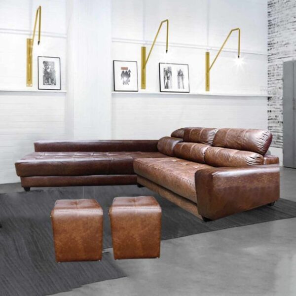 Canapé d'angle Shakira - 5 places + 2 poufs - Cuir synthétique - Mousse PH7 - Marron Café (Disponible en fabrication)