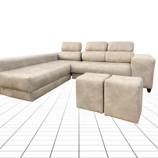 Canapé d'angle 5 places + 2 Poufs - Mousse PH7 - Cuir synthétique - Blanc Cassé (Disponible en fabrication)