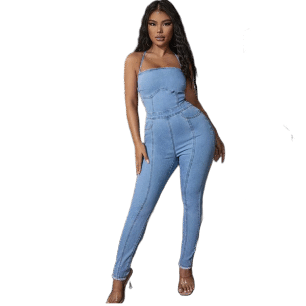 Strappy Backless Light Blue Denim Jumpsuit