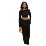 Off-Shoulder Ribbed Knit 2-Piece Set – Crop Top & Maxi Skirt