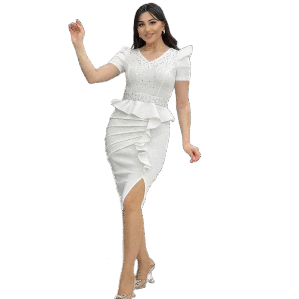 Elegant Peplum Midi Dress – Ruched Perfection
