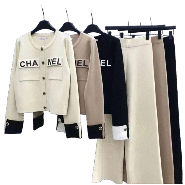 Chanel-Inspired Knit Set – Buttoned Cardigan & Wide-Leg Pants