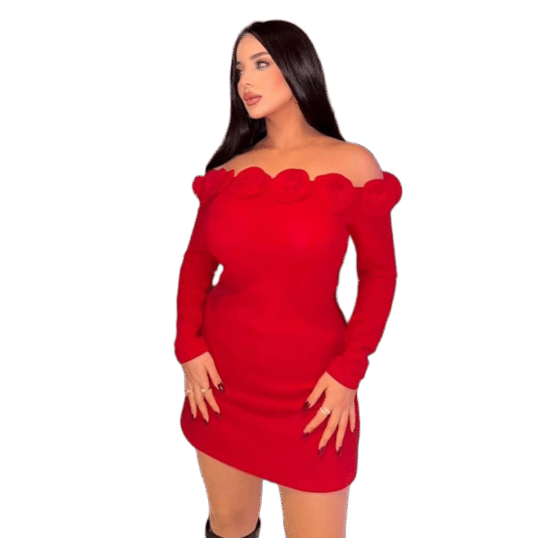 Red Rose Off-Shoulder Bodycon Dress – Romantic Elegance